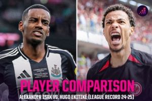 上赛季伊萨克VS埃基蒂克：进球23对15，射门转化率23.2%对12.8%